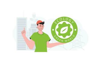 The concept of ecology and green energy. The guy holds the ECO logo in his hands. Fashionable, trendy style. Vector. vector