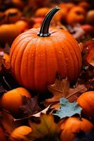 A close-up of a vibrant orange pumpkin surrounded by colorful fallen leaves symbolizing the essence of autumn harvest photo