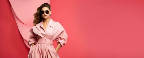 Fashion week model isolated on pastel background with a place for text photo