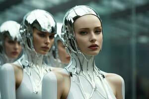 Cybernetic women dressed in minimalist metallic attire oozing avant-garde futurism in a monochromatic setting photo