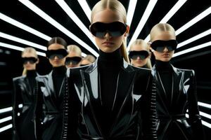 Futuristic models in sleek monochrome suits reflecting sci-fi chic on a neon grid runway photo