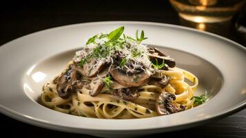 Photo of Wild Mushroom and Truffle Pasta as a dish in a high-end restaurant. Generative AI