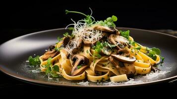 Photo of Wild Mushroom and Truffle Pasta as a dish in a high-end restaurant. Generative AI