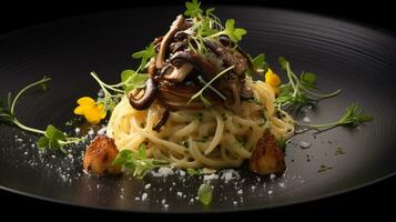 Photo of Wild Mushroom and Truffle Pasta as a dish in a high-end restaurant. Generative AI