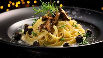 Photo of Wild Mushroom and Truffle Pasta as a dish in a high-end restaurant. Generative AI