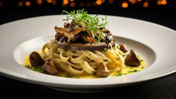 Photo of Wild Mushroom and Truffle Pasta as a dish in a high-end restaurant. Generative AI