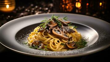 Photo of Wild Mushroom and Truffle Pasta as a dish in a high-end restaurant. Generative AI