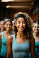 Diverse group participating in aerobics class background with empty space for text photo