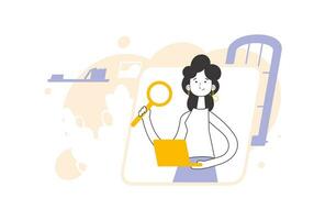 A woman holds a magnifying glass and a laptop in her hands. Job Search Theme. H.R. Linear trendy style. vector