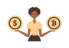 un mujer sostiene un moneda de bitcoin y dólar en su manos. personaje en moderno de moda estilo. vector