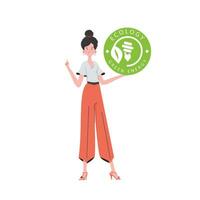 The girl holds the ECO logo in her hands. The character is depicted in full growth. The concept of green energy and ecology. Isolated on white background. Fashionable, trendy style. Vector. vector