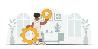 An elegant girl holds gears in her hands. Idea concept. trendy character. vector