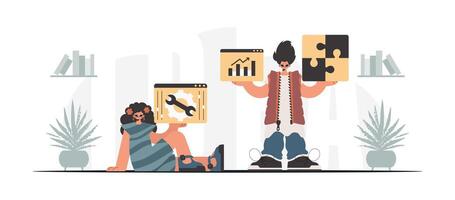 A man and woman are holding up a laptop and a tablet vector