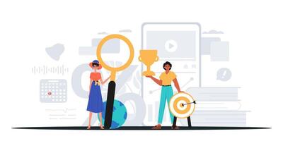 Two people holding a magnifying glass and a phone vector