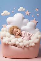 A baby calmly napping on a whimsical cloud bed isolated on a pastel gradient background photo