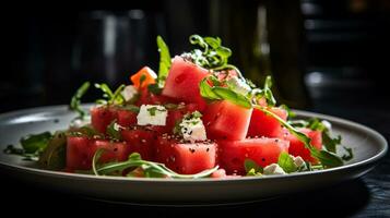 Photo of Watermelon Salad as a dish in a high-end restaurant. Generative AI