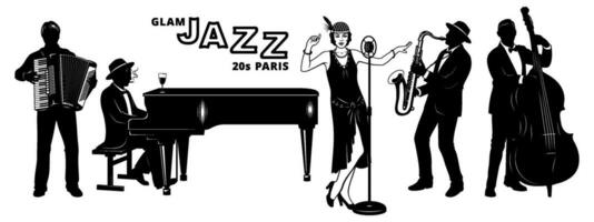 Retro French Jazz Band of 20s. Silhouettes Set. Flapper girl singer, Pianist, Accordionist, Double Bassist, Saxophonist. Vector cliparts isolated on white.