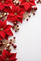 Christmas decoration Red poinsettia flowers tree branches ball and berries on white background with text space photo