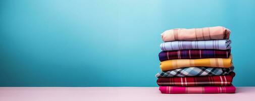 Stack of plaids isolated on pastel background photo