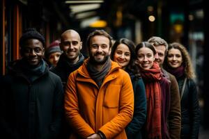 Diverse individuals calmly queueing patiently waiting their turn in line photo