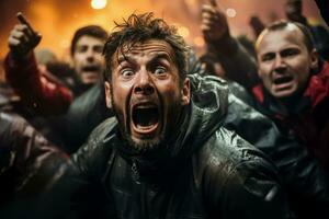 A close-up photo captures intense expressions and clenched fists as rival teams clash during a heated soccer match