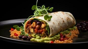 Photo of Vegan Burrito as a dish in a high-end restaurant. Generative AI