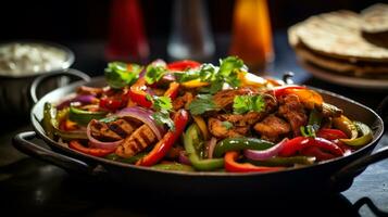 foto de vegetal fajitas como un plato en un gama alta restaurante. generativo ai