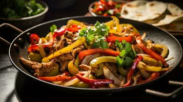 Photo of Vegetable Fajitas as a dish in a high-end restaurant. Generative AI