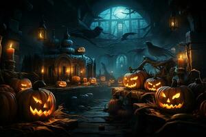 Halloween background with pumpkins and haunted house - 3D render. Halloween background photo