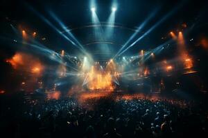 Ai generative Crowded Concert Stage Scenery With Spotlights and Colored Lights realistic image, ultra hd photo