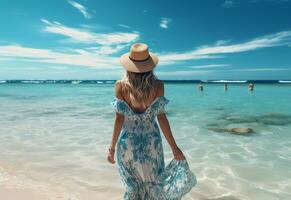 Ai generative young tourist woman in summer dress and hat standing on beautiful sandy beach. Cute girl enjoying photo