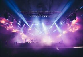 Ai generative Concert Stage Scenery With Spotlights Colored Lights Smoke photo