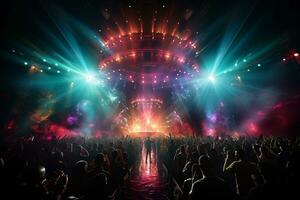 Ai generative Crowded Concert Stage Scenery With Spotlights and Colored Lights realistic image, ultra hd photo