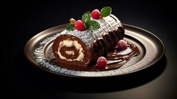 Photo of Yule Log Cake as a dish in a high-end restaurant. Generative AI