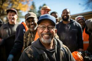 veteranos alegremente participativo en comunidad limpiar arriba ocupaciones en veteranos día foto