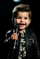 A child nervously gripping a microphone isolated on a spotlight gradient background photo