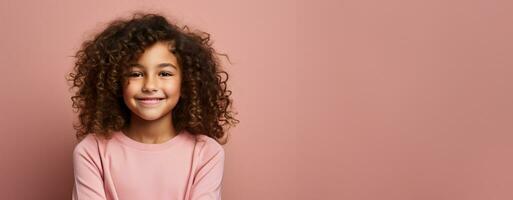 A child blushing uncomfortably isolated on a pink gradient background photo