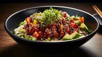 Photo of Tuna Poke Bowl as a dish in a high-end restaurant. Generative AI