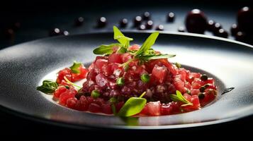 Photo of Tuna Tartare as a dish in a high-end restaurant. Generative AI