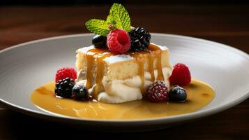 Photo of Tres Leches Cake as a dish in a high-end restaurant. Generative AI