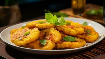 Photo of Tostones - Fried Plantains as a dish in a high-end restaurant. Generative AI