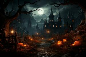 Halloween background with pumpkins and haunted house - 3D render. Halloween background photo