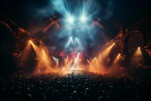 Ai generative Crowded Concert Stage Scenery With Spotlights and Colored Lights realistic image, ultra hd photo