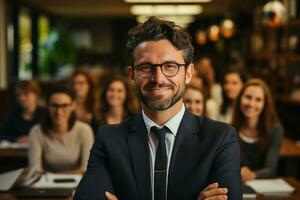 Ai Generative group of happy business man and business women, dressed in suits are smiling, in the office photo