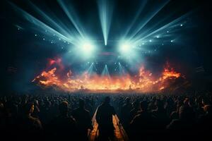 Ai generative Crowded Concert Stage Scenery With Spotlights and Colored Lights realistic image, ultra hd photo