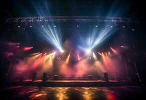 Ai generative Concert Stage Scenery With Spotlights Colored Lights Smoke photo