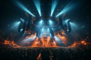 Ai generative Crowded Concert Stage Scenery With Spotlights and Colored Lights realistic image, ultra hd photo