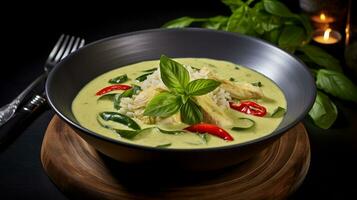 Photo of Thai Green Curry as a dish in a high-end restaurant. Generative AI