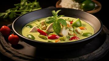 Photo of Thai Green Curry as a dish in a high-end restaurant. Generative AI