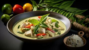 Photo of Thai Green Curry as a dish in a high-end restaurant. Generative AI